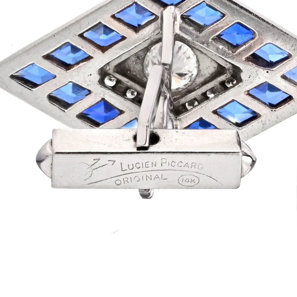 Lucien Piccard 14K White Gold Diamond And Sapphire Rhombus Shape Cuff Links - The Back Vault