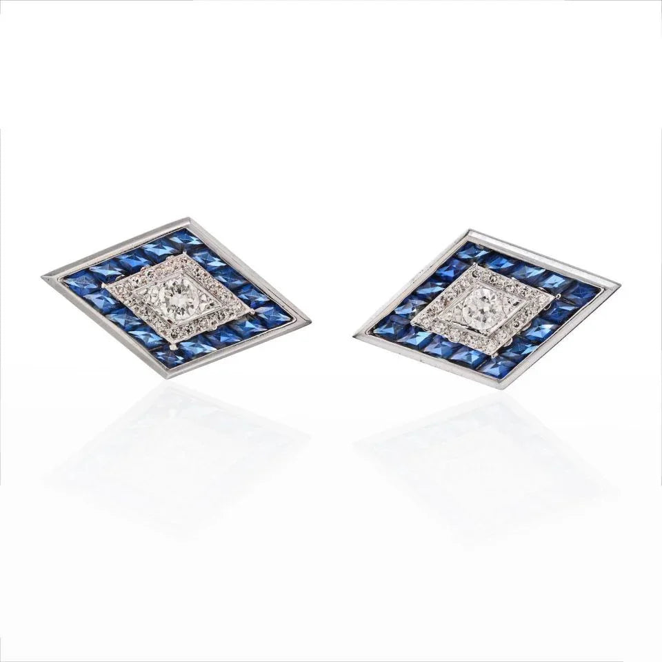 Lucien Piccard 14K White Gold Diamond And Sapphire Rhombus Shape Cuff Links - The Back Vault