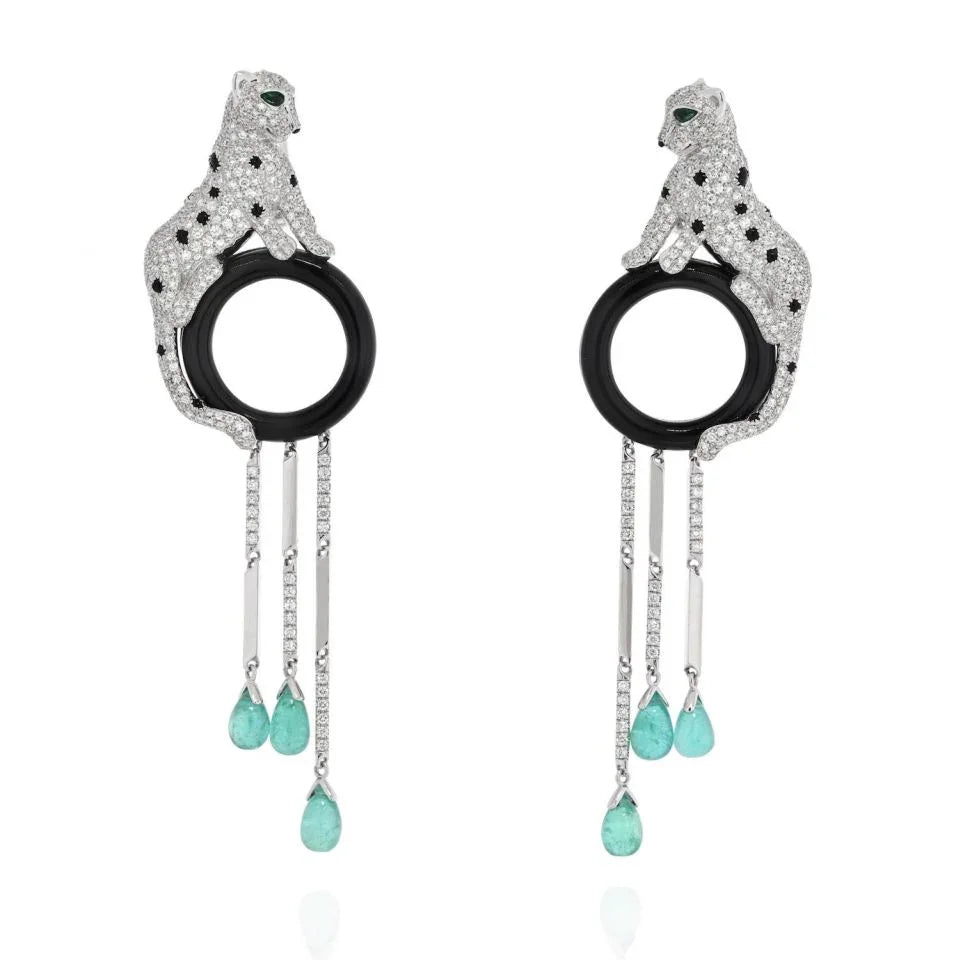 Cartier 18K White Gold Panthere De Cartier Onyx And Emerald Tassels Earrings - The Back Vault