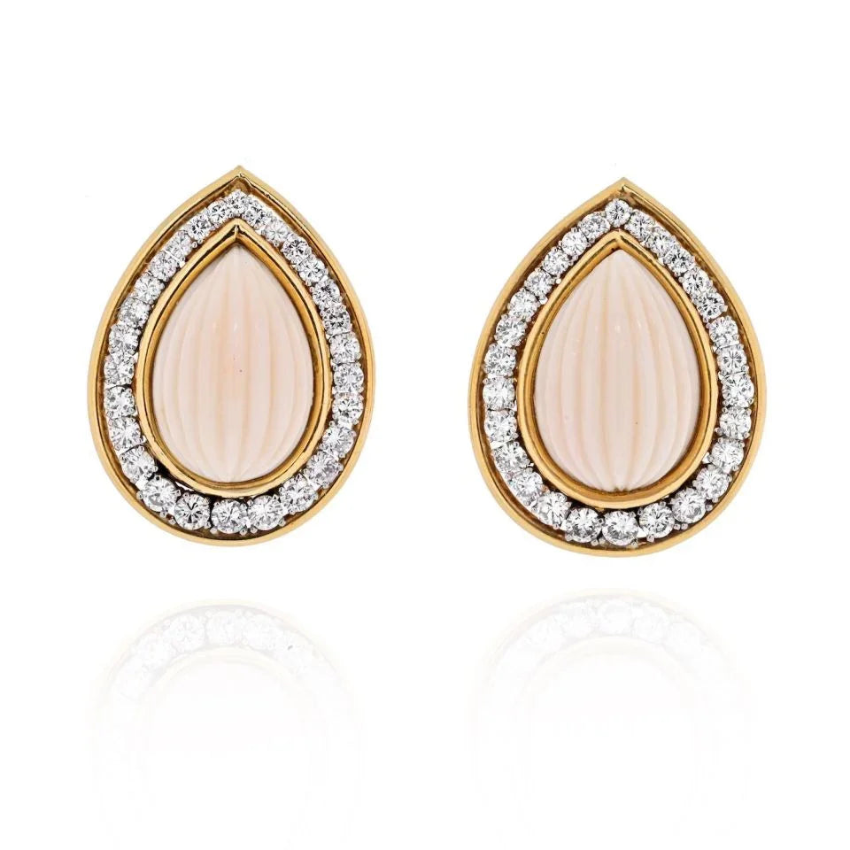 David Webb 18K Yellow Gold Carvd Coral Diamond Pear Drop Clip Earrings - The Back Vault