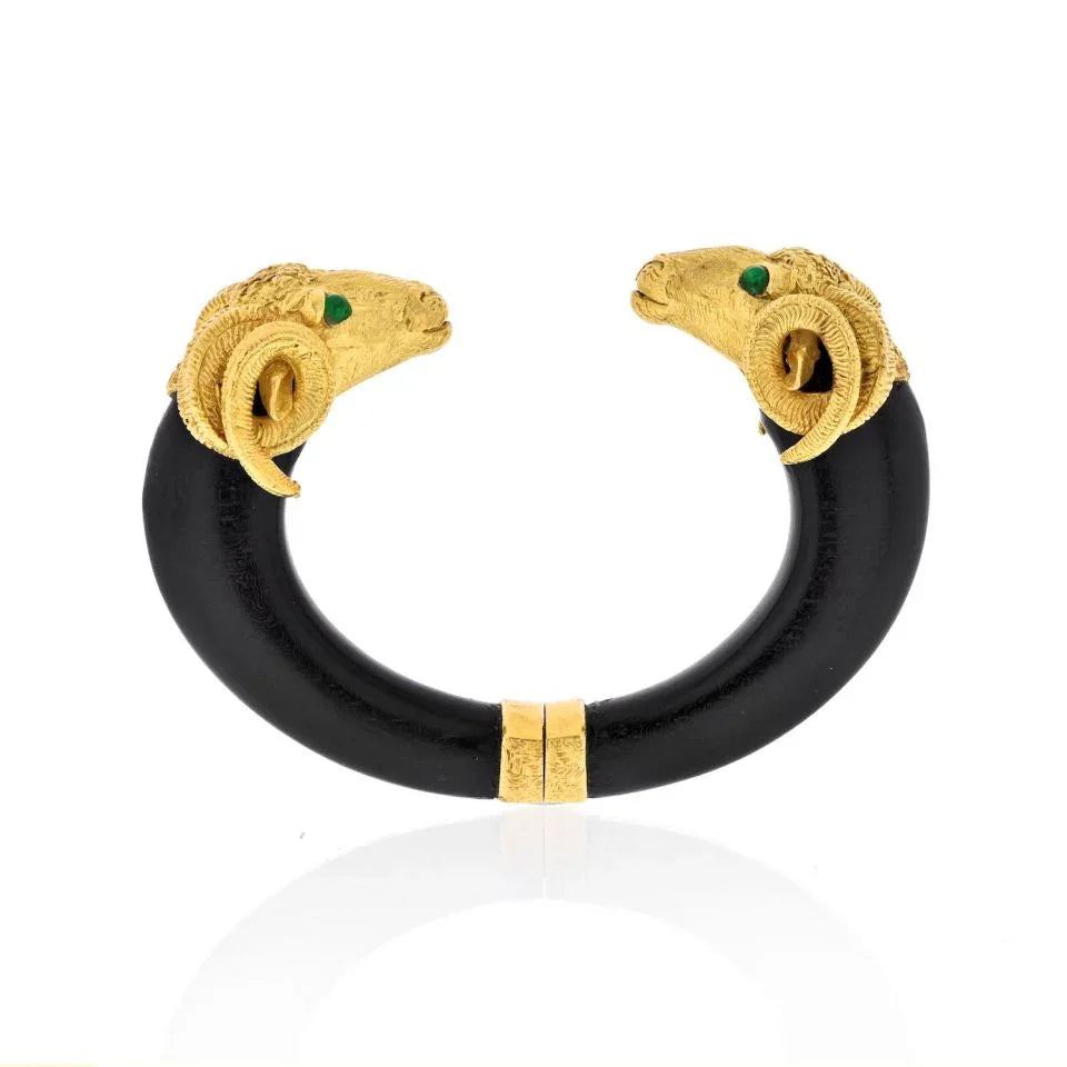 18K Yellow Gold 1970's Double Ram Black Wood Bangle Bracelet - The Back Vault