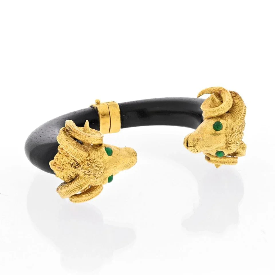 18K Yellow Gold 1970's Double Ram Black Wood Bangle Bracelet - The Back Vault