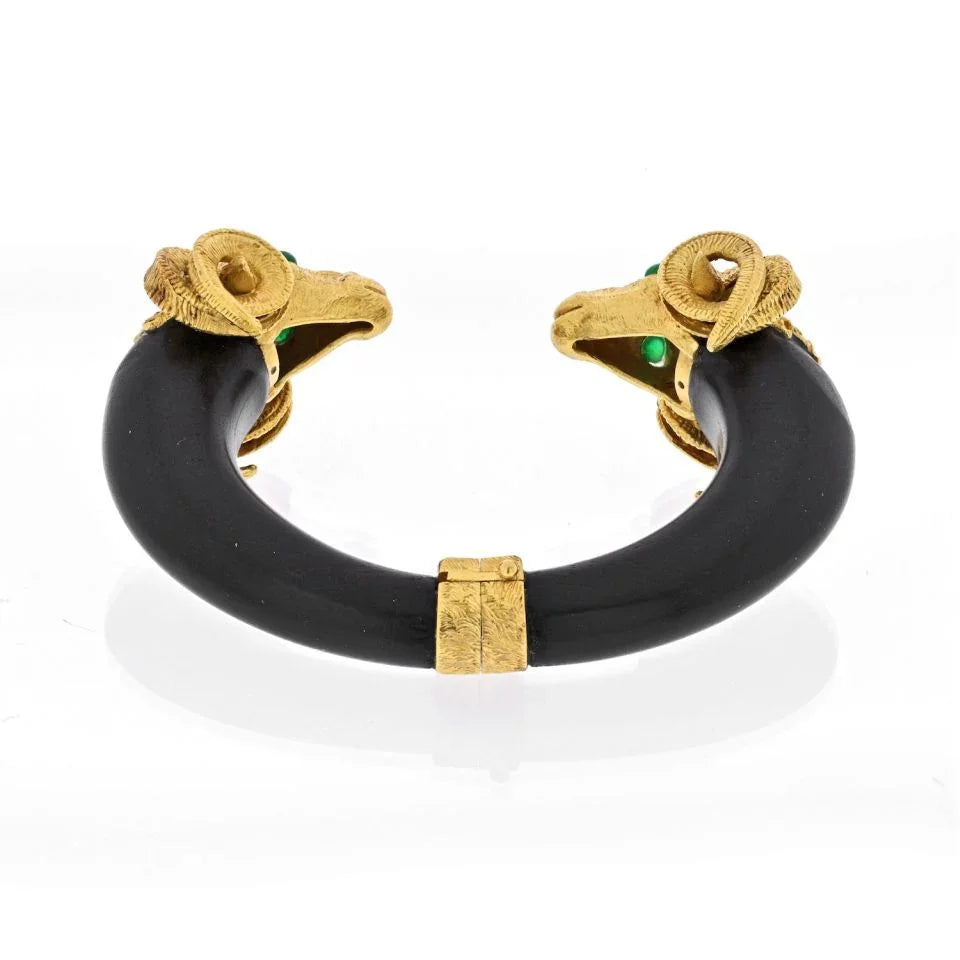 18K Yellow Gold 1970's Double Ram Black Wood Bangle Bracelet - The Back Vault