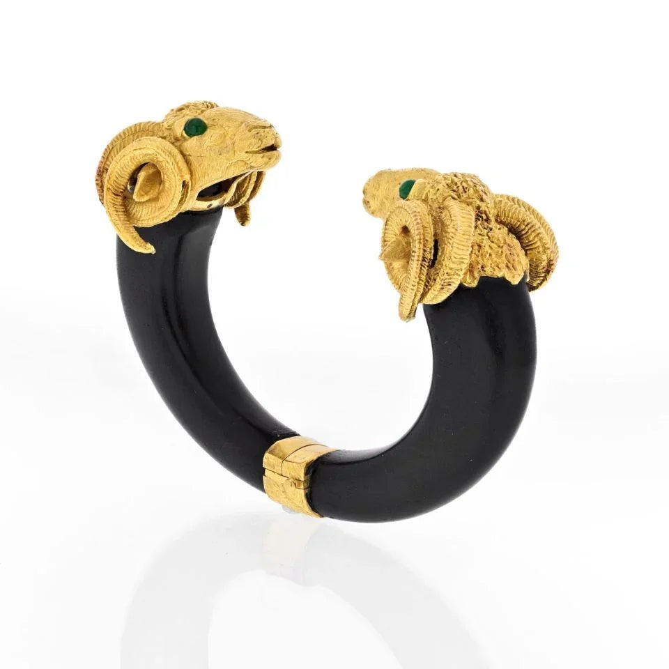 18K Yellow Gold 1970's Double Ram Black Wood Bangle Bracelet - The Back Vault