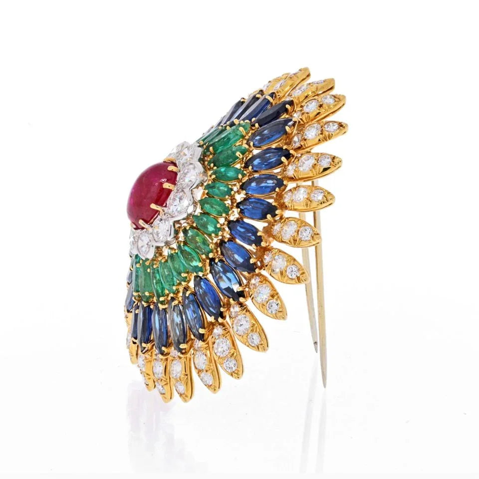 David Webb 18K Yellow Gold Ruby, Sapphire, Emerald And Diamond Pendant Brooch - The Back Vault