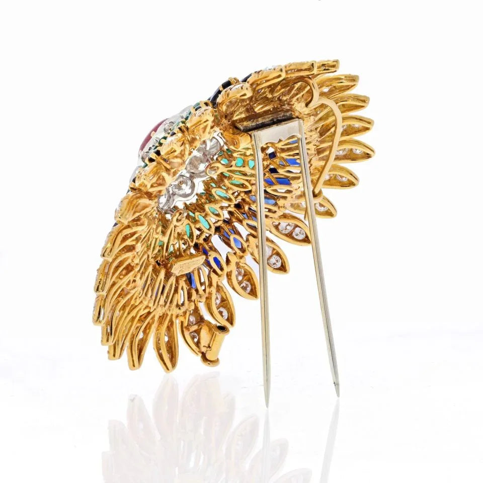 David Webb 18K Yellow Gold Ruby, Sapphire, Emerald And Diamond Pendant Brooch - The Back Vault
