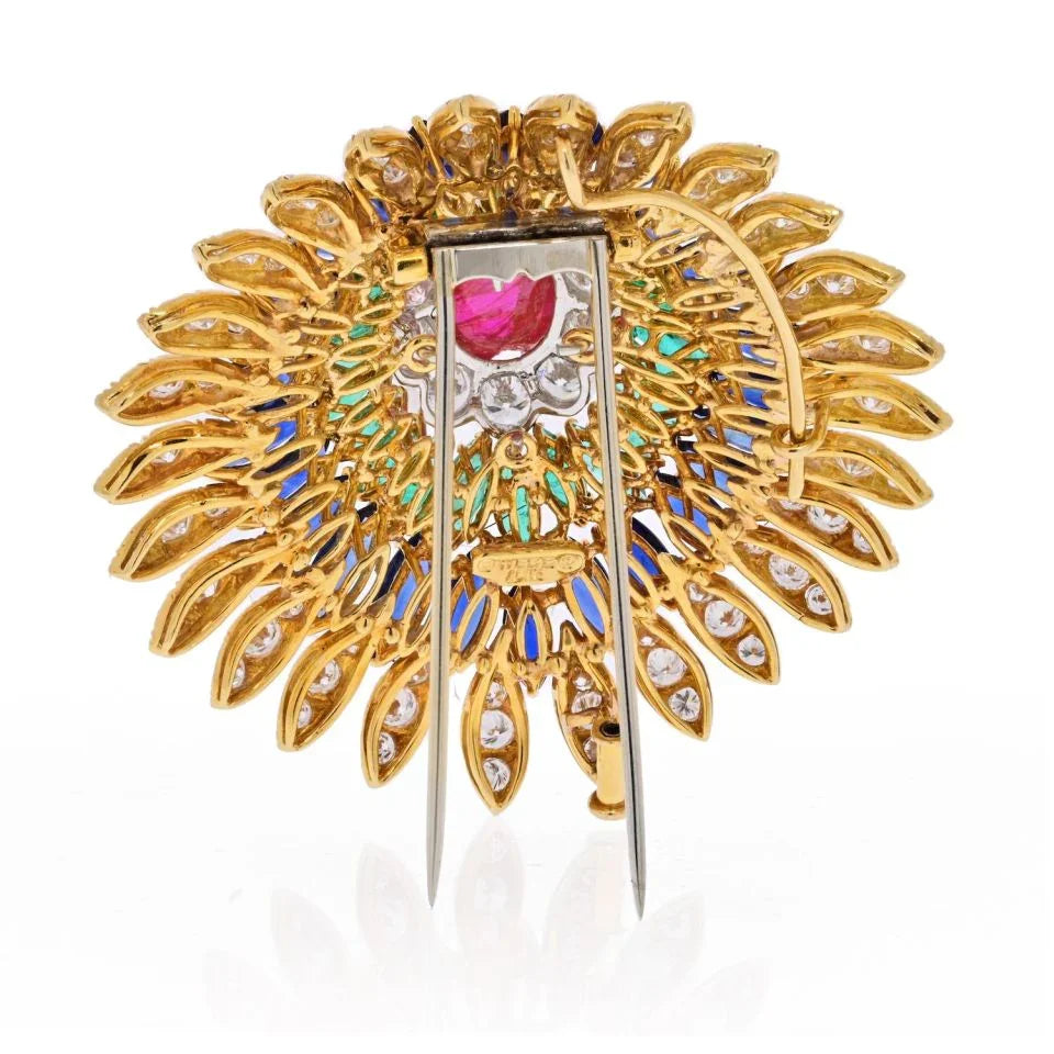 David Webb 18K Yellow Gold Ruby, Sapphire, Emerald And Diamond Pendant Brooch - The Back Vault
