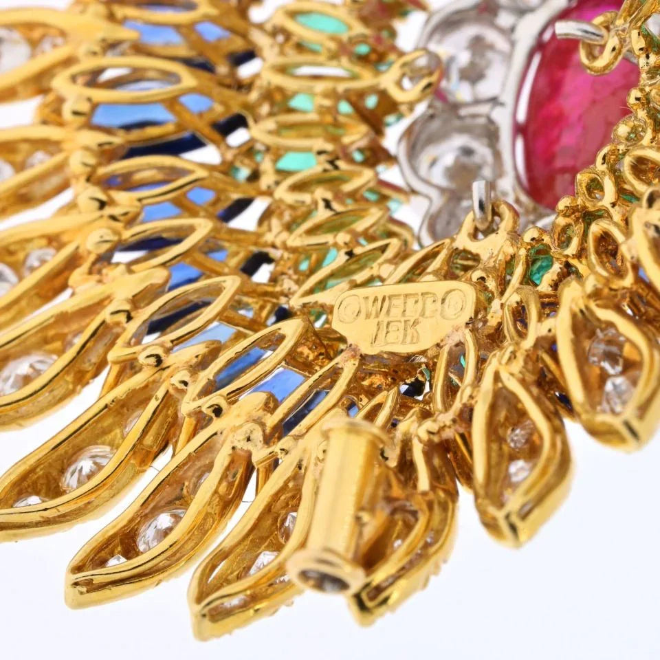 David Webb 18K Yellow Gold Ruby, Sapphire, Emerald And Diamond Pendant Brooch - The Back Vault
