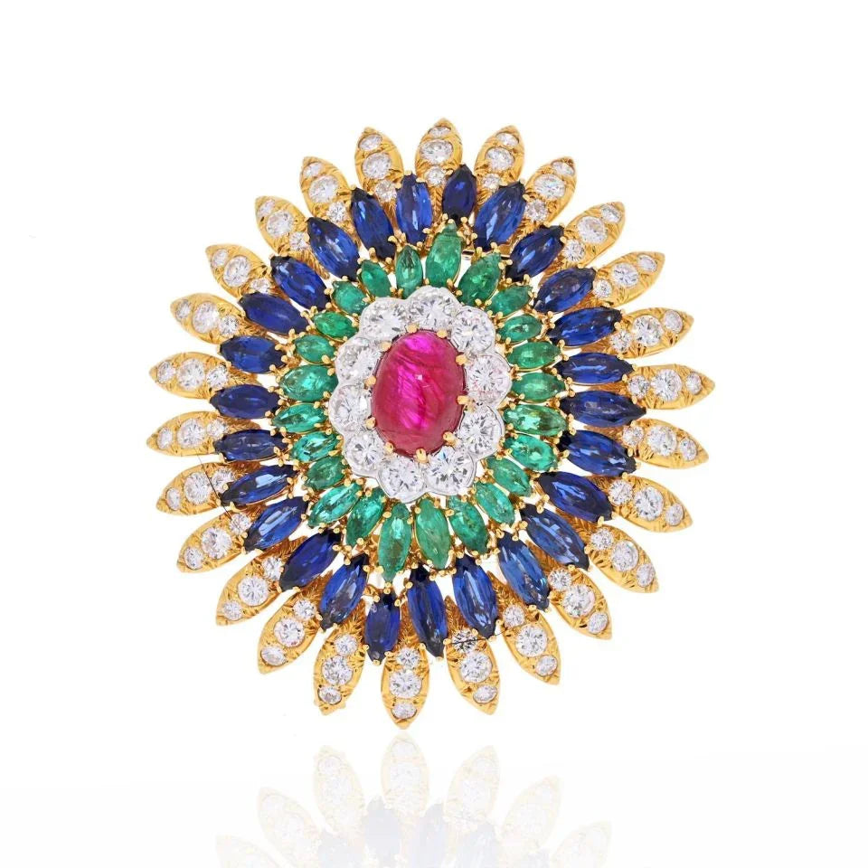 David Webb 18K Yellow Gold Ruby, Sapphire, Emerald And Diamond Pendant Brooch - The Back Vault