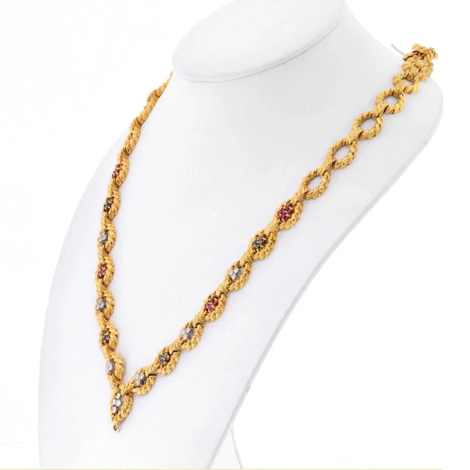 David Webb 18K Yellow Gold Open Link, Twisted Design, Sapphire, Ruby, Diamond Chain Necklace - The Back Vault