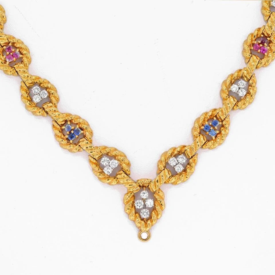 David Webb 18K Yellow Gold Open Link, Twisted Design, Sapphire, Ruby, Diamond Chain Necklace - The Back Vault