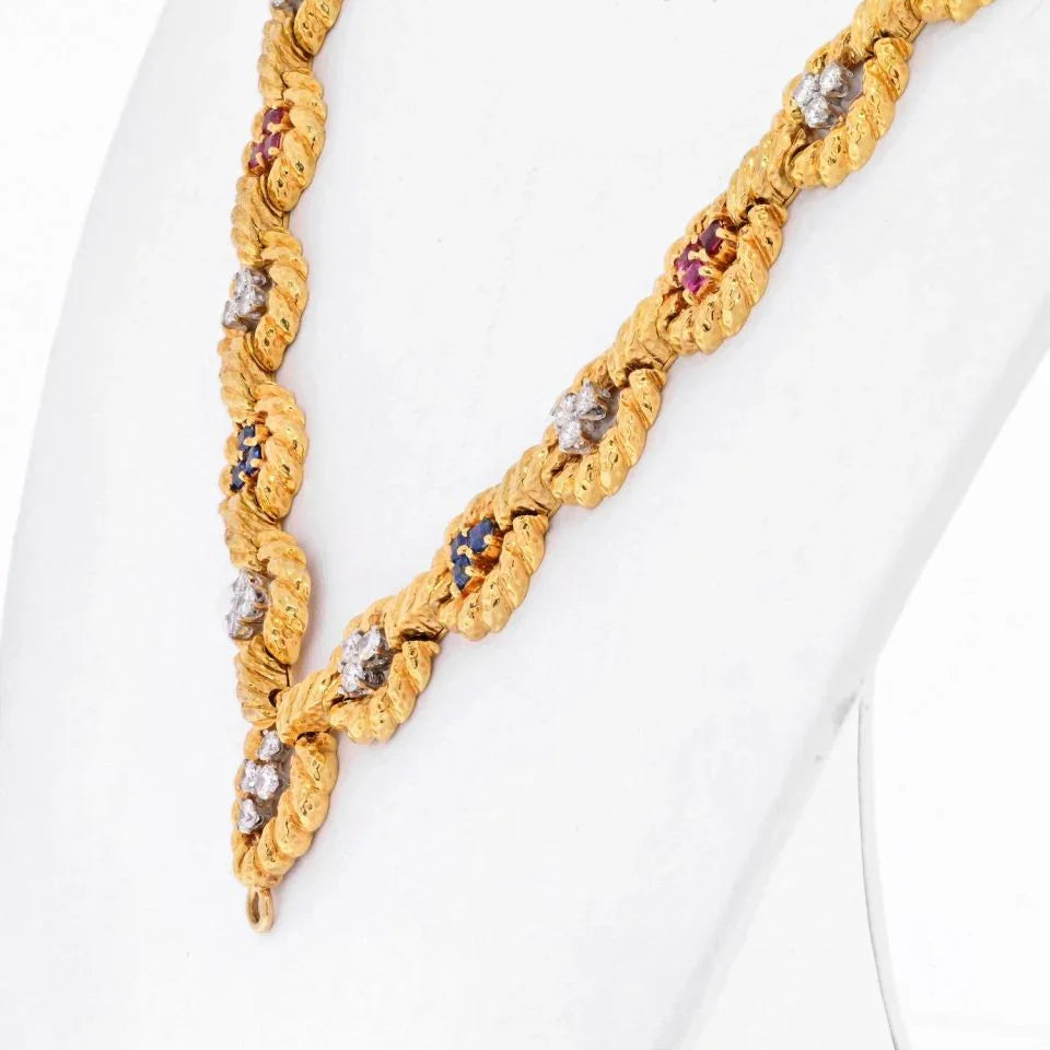 David Webb 18K Yellow Gold Open Link, Twisted Design, Sapphire, Ruby, Diamond Chain Necklace - The Back Vault