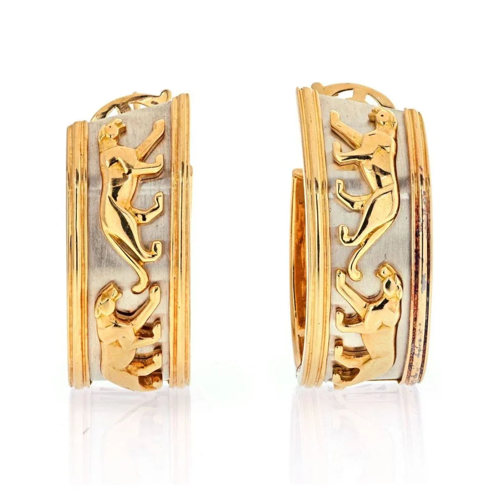 Cartier 18K Two Tone Walking Panther Vintage Hoop Earrings - The Back Vault