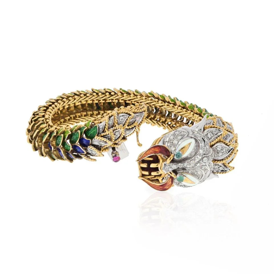 18K Yellow Gold Highly Decorated Green And Blue Diamond Dragon Bracelet - The Back Vault
