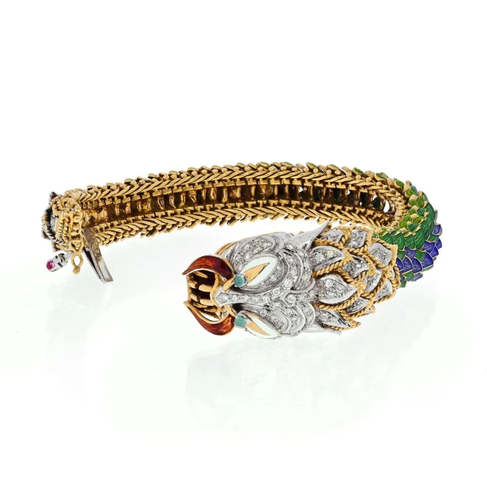 18K Yellow Gold Highly Decorated Green And Blue Diamond Dragon Bracelet - The Back Vault