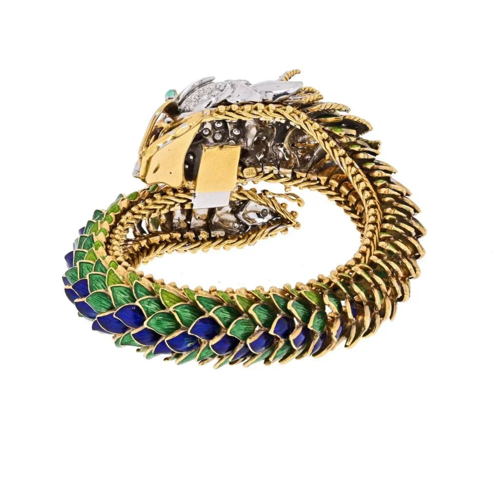18K Yellow Gold Highly Decorated Green And Blue Diamond Dragon Bracelet - The Back Vault
