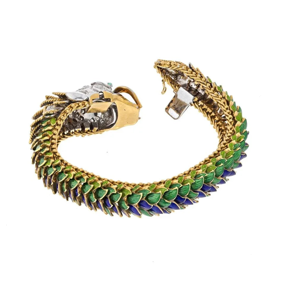 18K Yellow Gold Highly Decorated Green And Blue Diamond Dragon Bracelet - The Back Vault