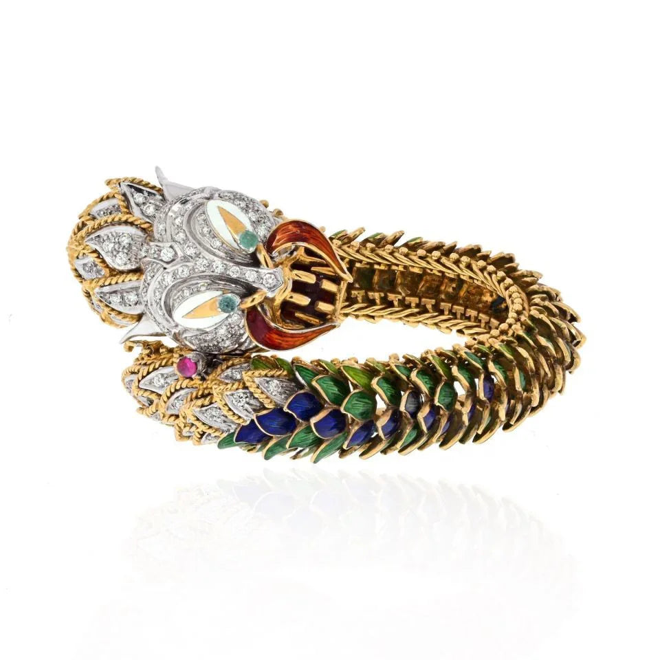 18K Yellow Gold Highly Decorated Green And Blue Diamond Dragon Bracelet - The Back Vault