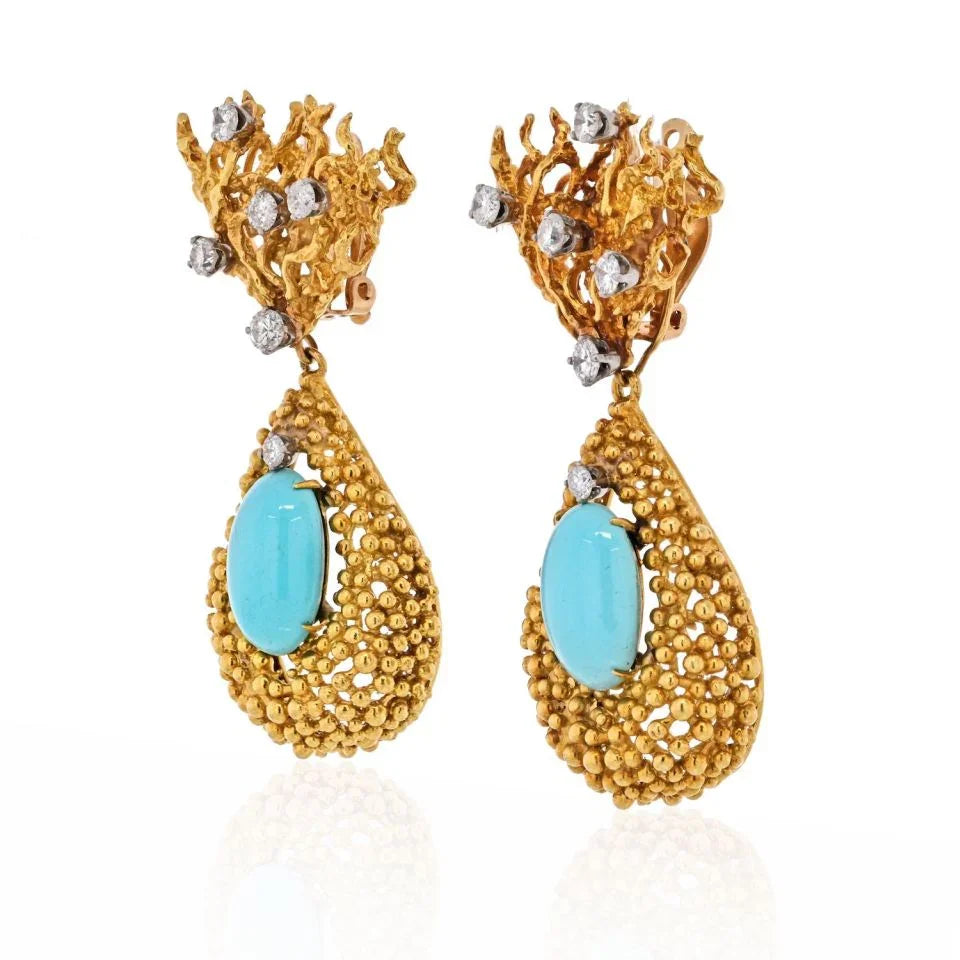 18K Yellow Gold 1970's Turquoise And Diamond Dangling Earrings - The Back Vault