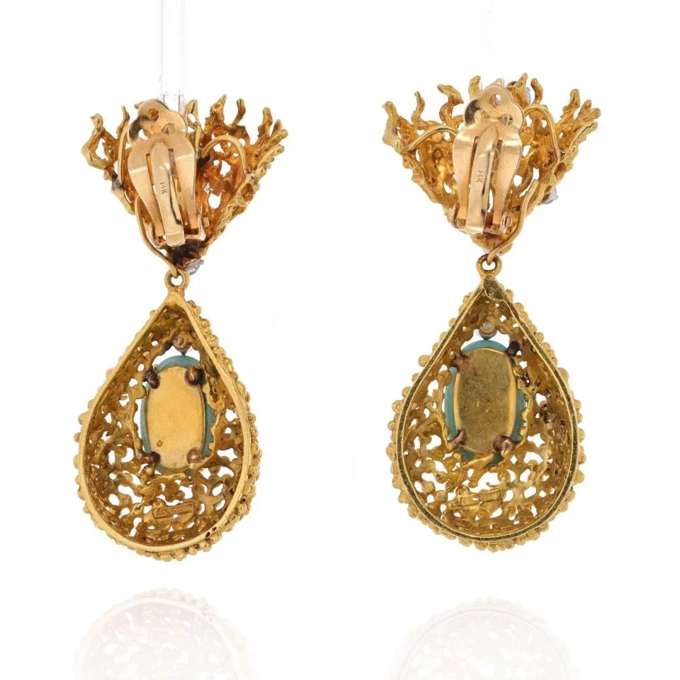 18K Yellow Gold 1970's Turquoise And Diamond Dangling Earrings - The Back Vault
