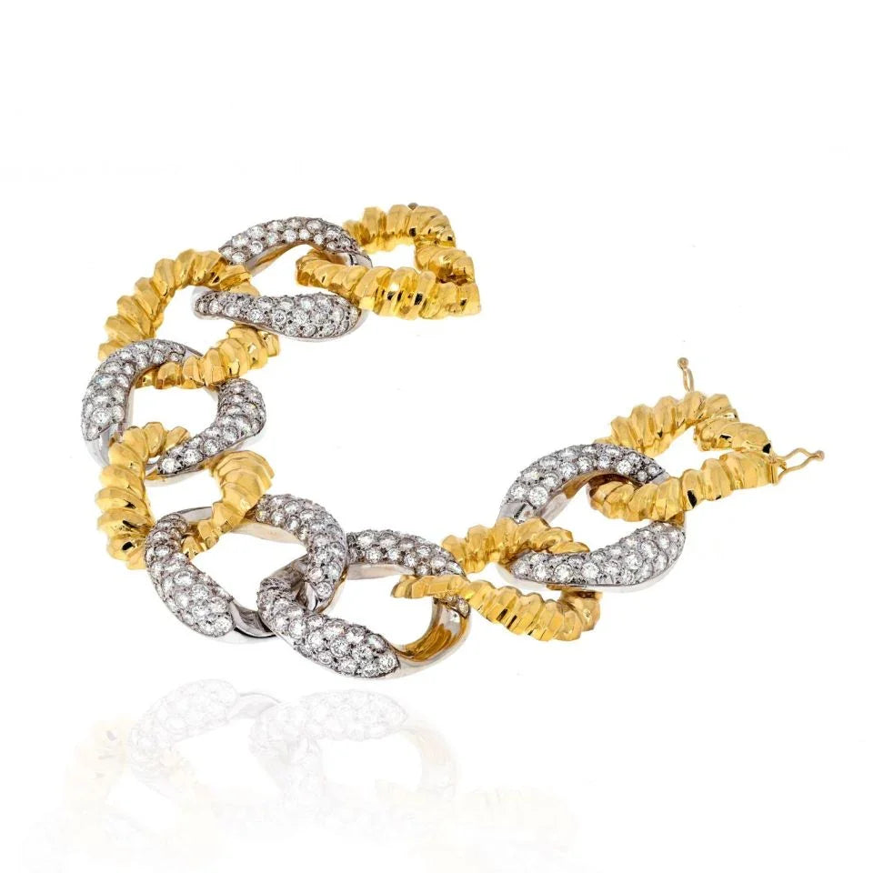 Platinum & 18K Yellow Gold 15 Carat Wide Alternating Diamond Link Bracelet - The Back Vault