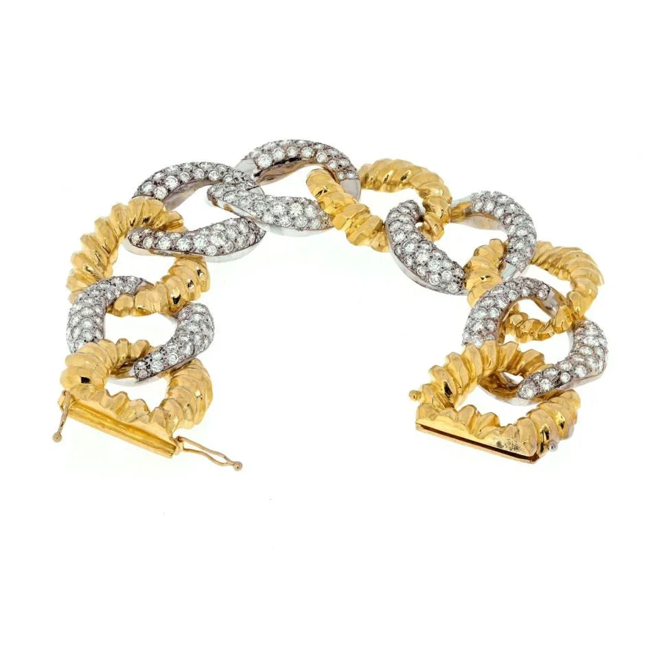 Platinum & 18K Yellow Gold 15 Carat Wide Alternating Diamond Link Bracelet - The Back Vault