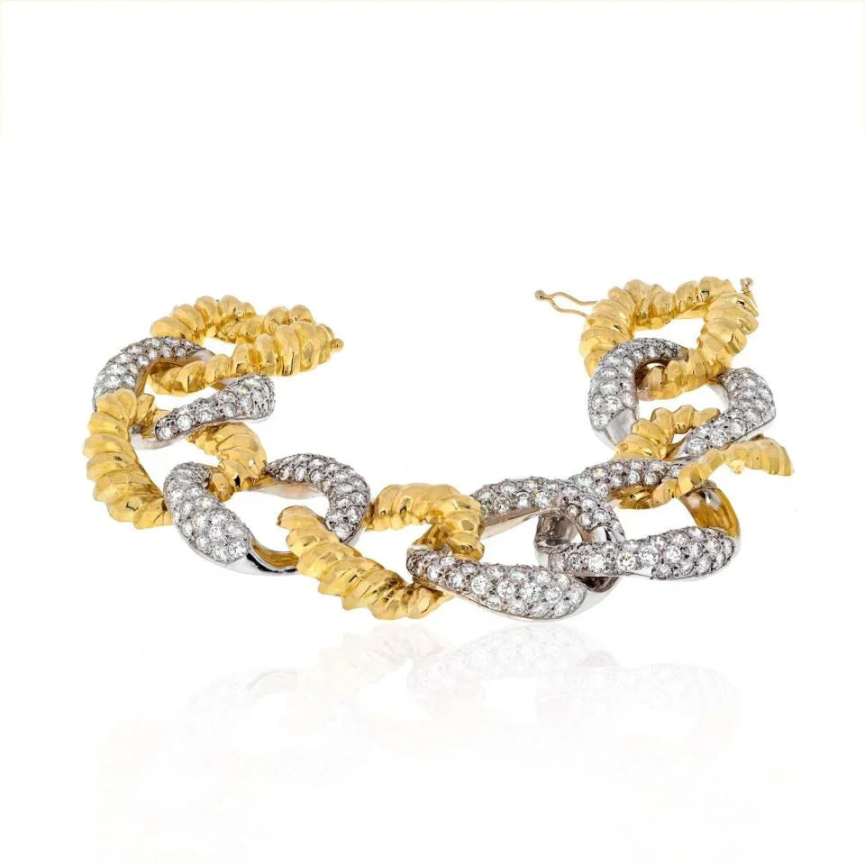 Platinum & 18K Yellow Gold 15 Carat Wide Alternating Diamond Link Bracelet - The Back Vault