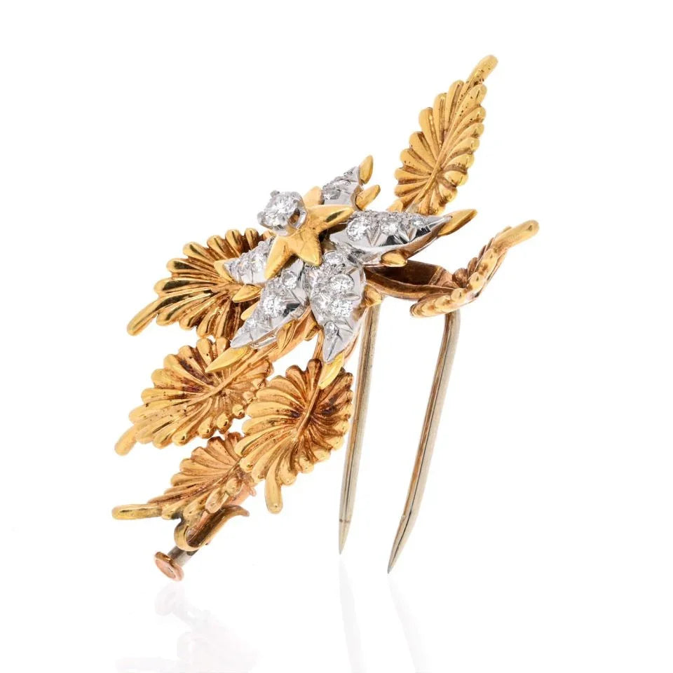 Tiffany & Co. 18K Yellow Gold Schlumberger Diamond Foliage Brooch - The Back Vault