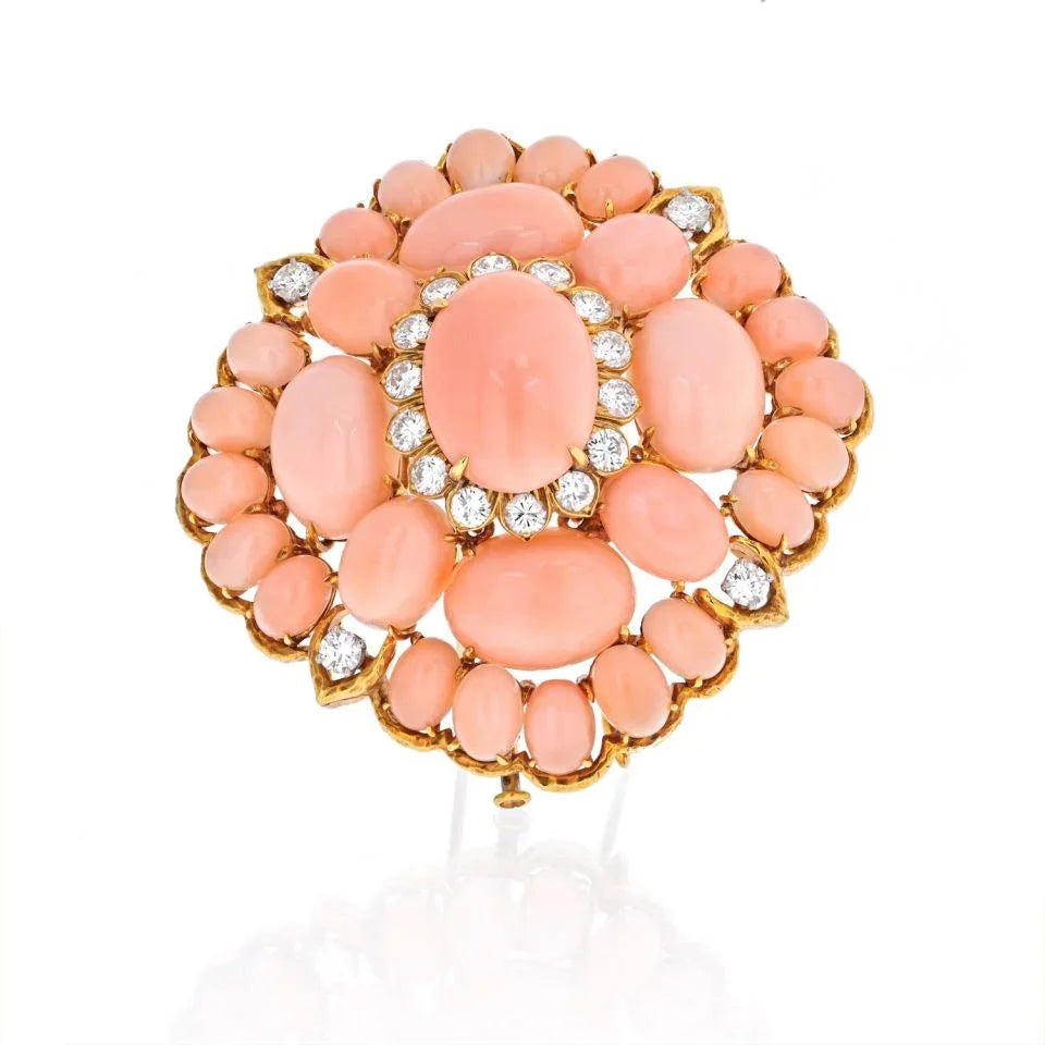 David Webb 18K Yellow Gold Pink Coral Cluster And Diamond Brooch - The Back Vault