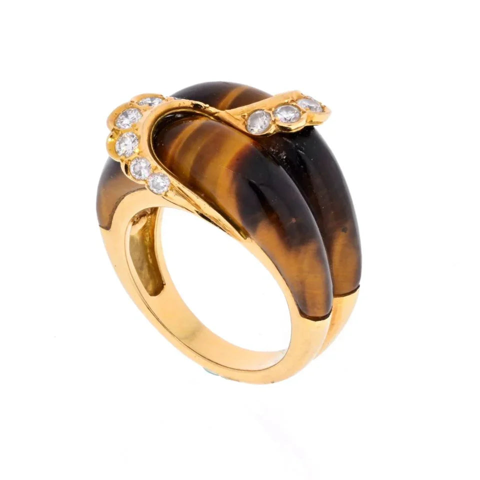Van Cleef & Arpels 18K Yellow Gold Tiger Eye Vintage Scalloped Diamond Ring - The Back Vault