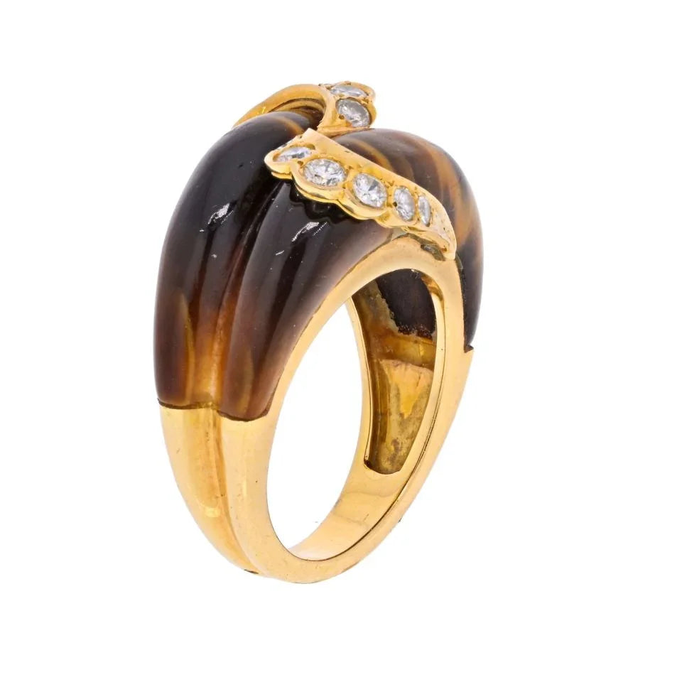 Van Cleef & Arpels 18K Yellow Gold Tiger Eye Vintage Scalloped Diamond Ring - The Back Vault