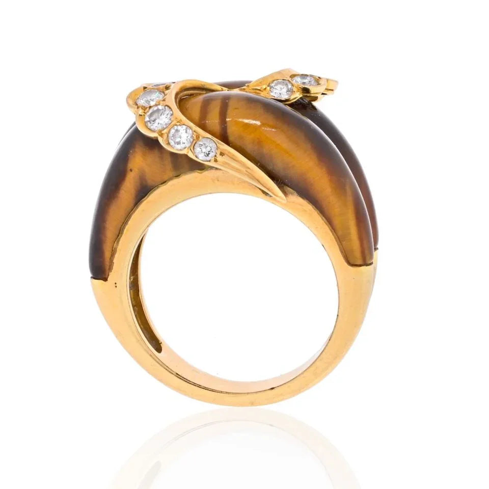 Van Cleef & Arpels 18K Yellow Gold Tiger Eye Vintage Scalloped Diamond Ring - The Back Vault