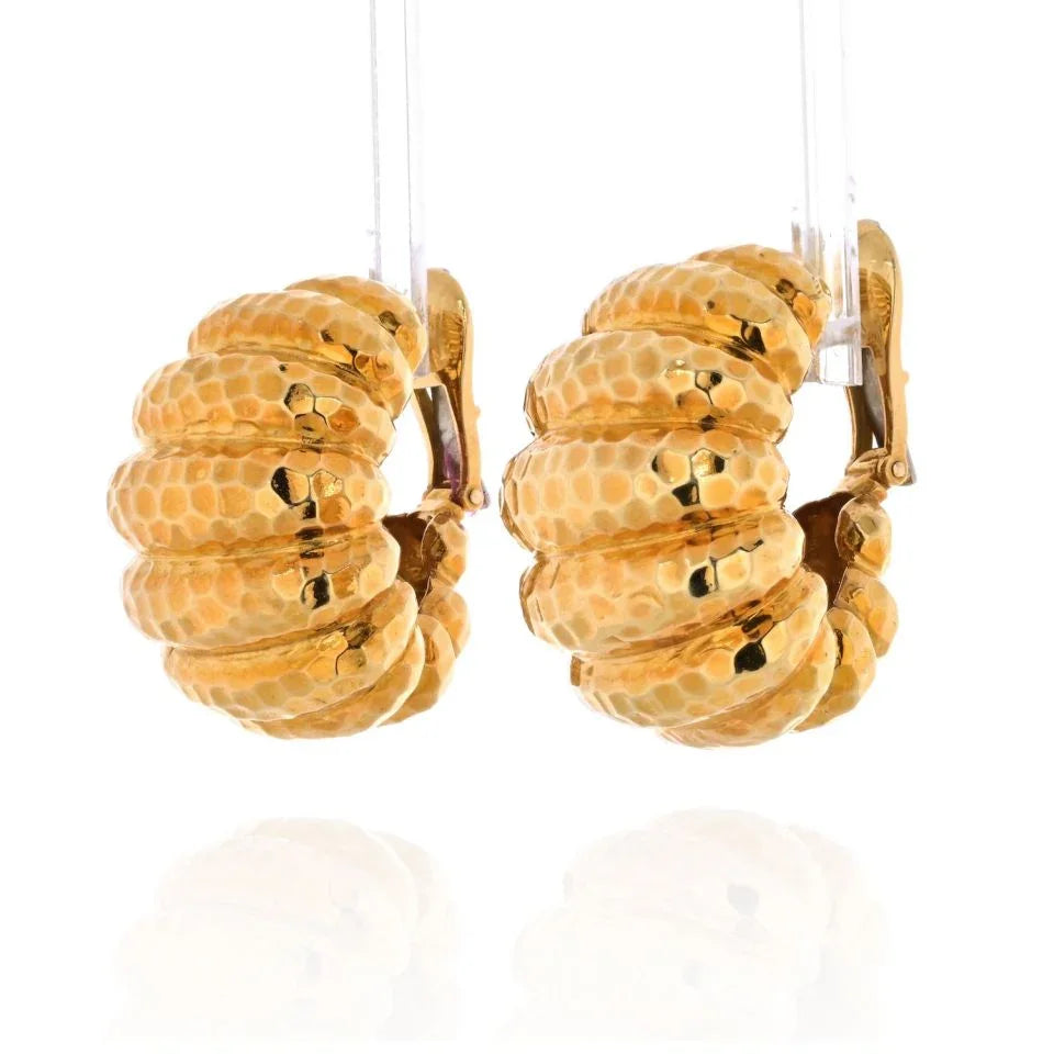 David Webb 18K Yellow Gold Hammered Finish Jumbo Shrimp Earrings - The Back Vault