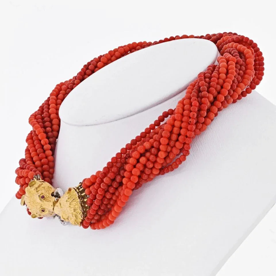 18K Yellow Gold Multi-Strand Torsade Coral Necklace - The Back Vault
