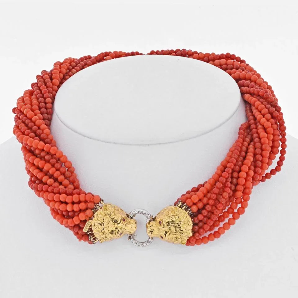 18K Yellow Gold Multi-Strand Torsade Coral Necklace - The Back Vault