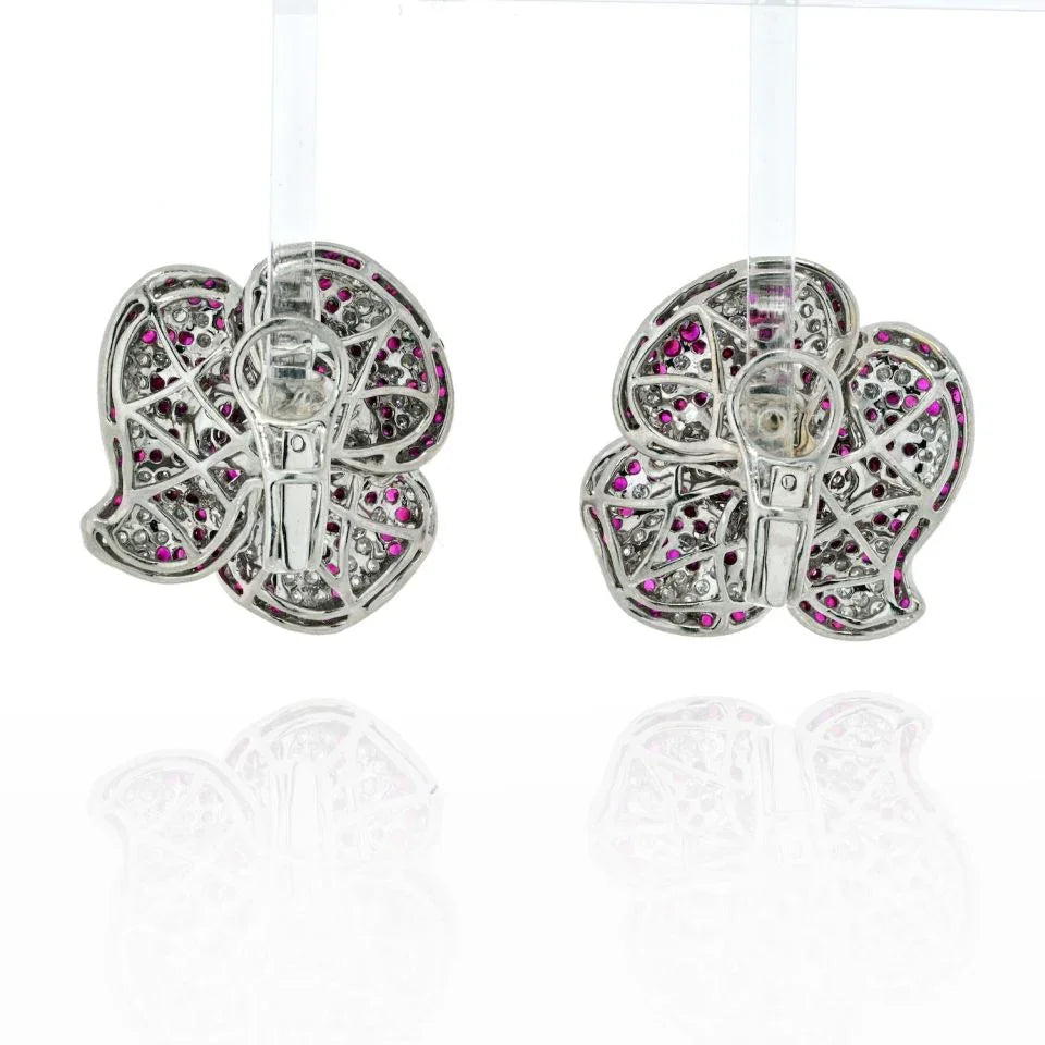 18K White Gold Pave Diamond And Ruby Flower Earrings - The Back Vault