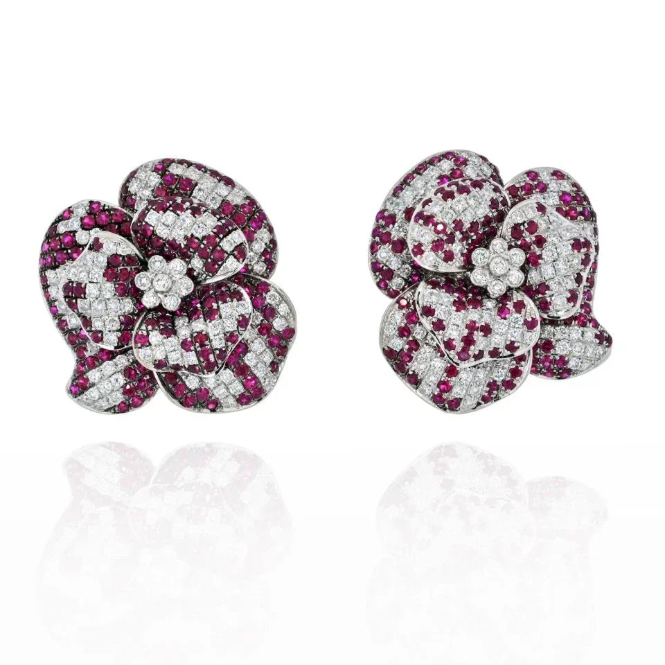 18K White Gold Pave Diamond And Ruby Flower Earrings - The Back Vault