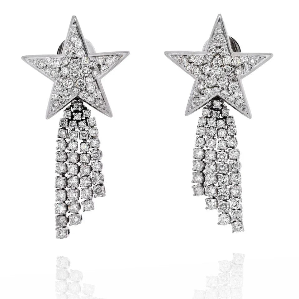 18K White Gold 15 Carat Large Diamond Star Dangling Earrings - The Back Vault