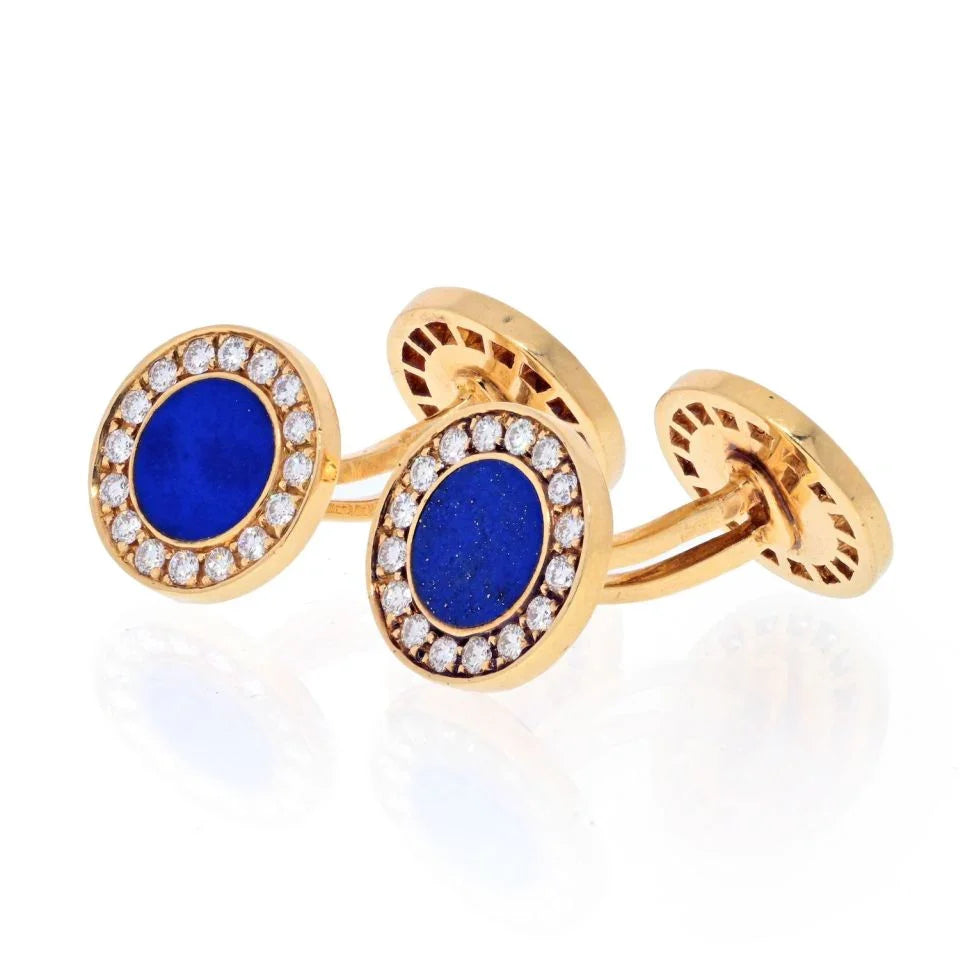 Bvlgari 18K Yellow Gold Lapis And Diamond Round Cuff Links - The Back Vault