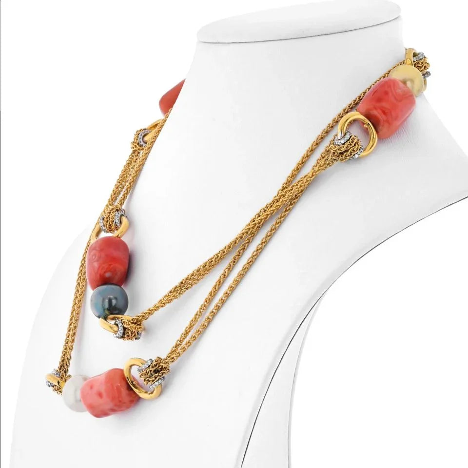 18K Yellow Gold Vintage Coral And Diamond Long Chain Necklace - The Back Vault
