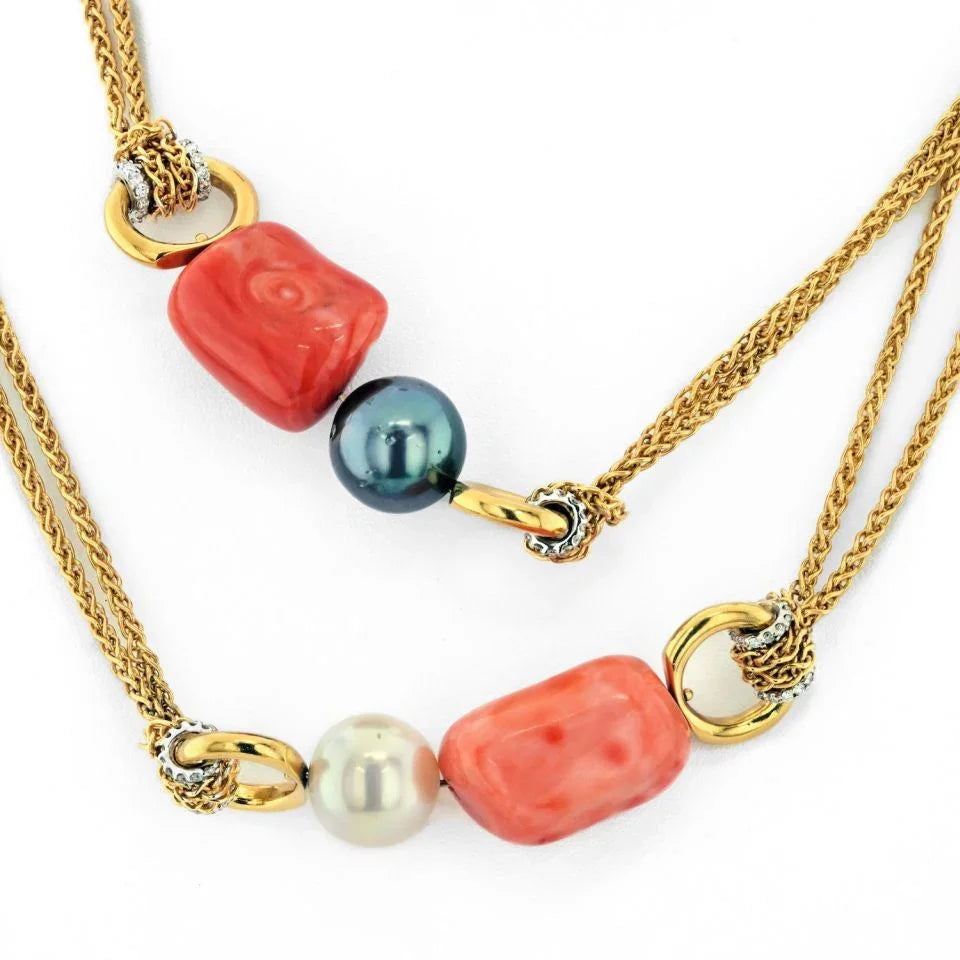 18K Yellow Gold Vintage Coral And Diamond Long Chain Necklace - The Back Vault