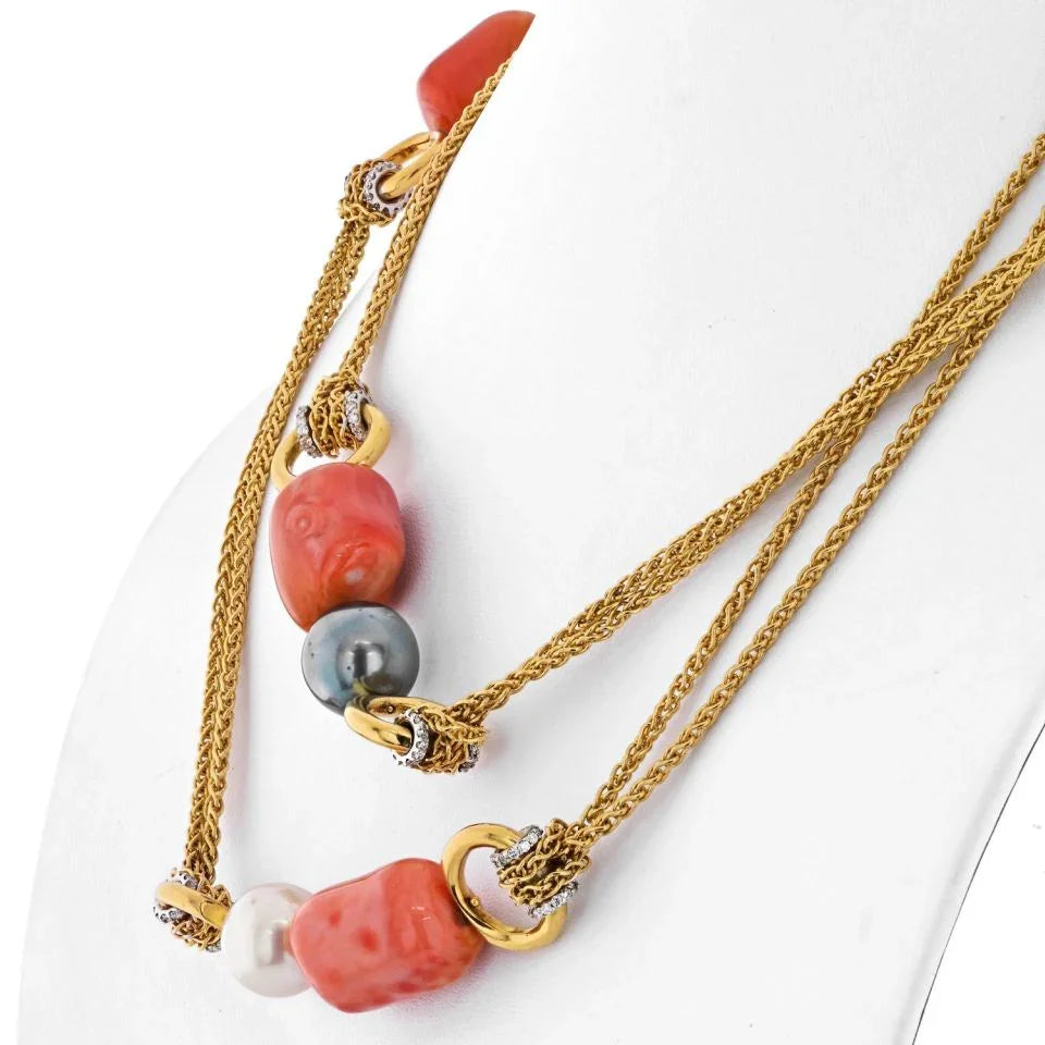 18K Yellow Gold Vintage Coral And Diamond Long Chain Necklace - The Back Vault