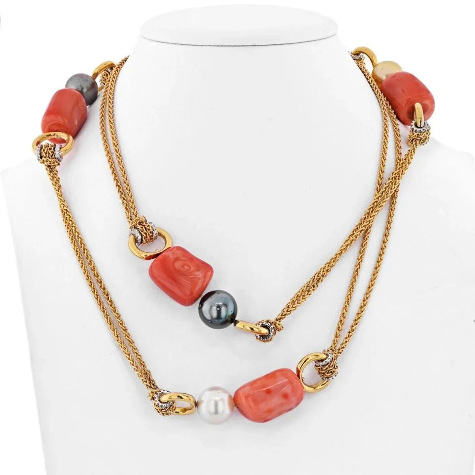 18K Yellow Gold Vintage Coral And Diamond Long Chain Necklace - The Back Vault