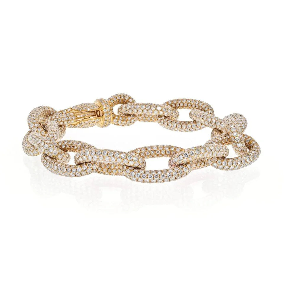 18K Yellow Gold 35 Carat Pave Oval Link Diamond Chain Bracelet - The Back Vault
