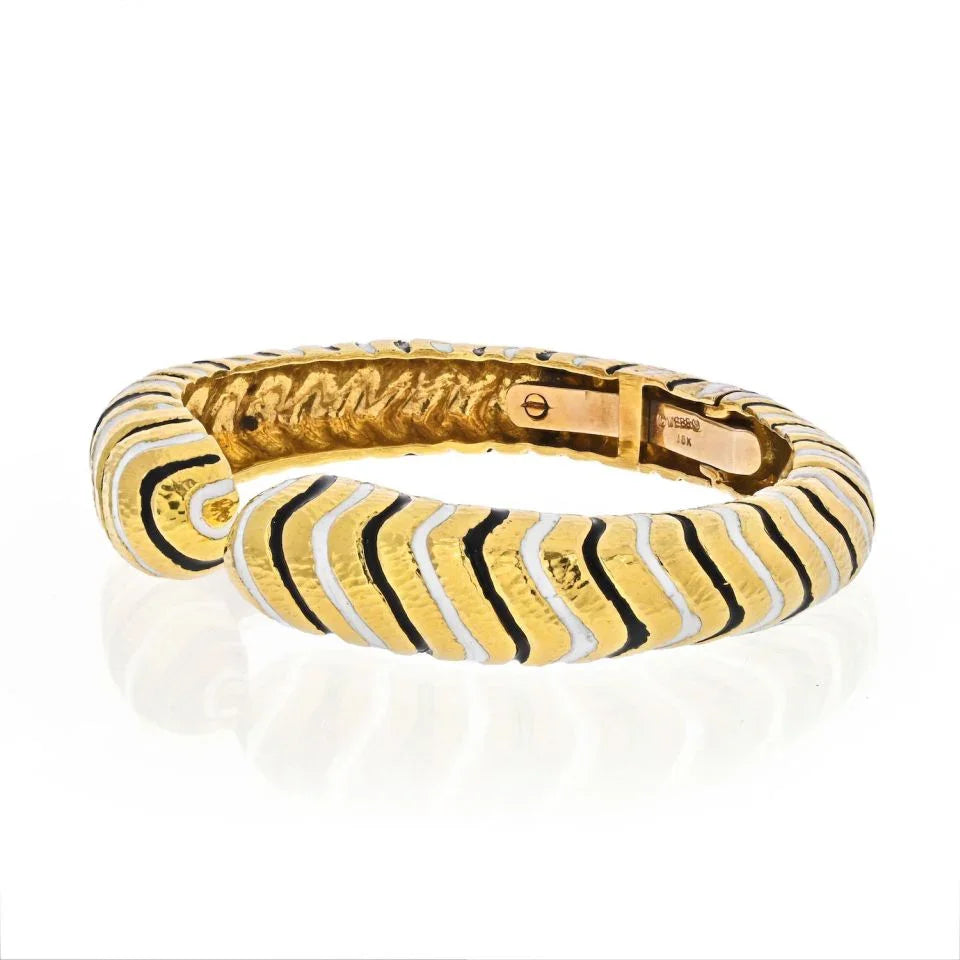 David Webb Platinum & 18K Yellow Gold Black And White Enamel Bangle Bracelet - The Back Vault