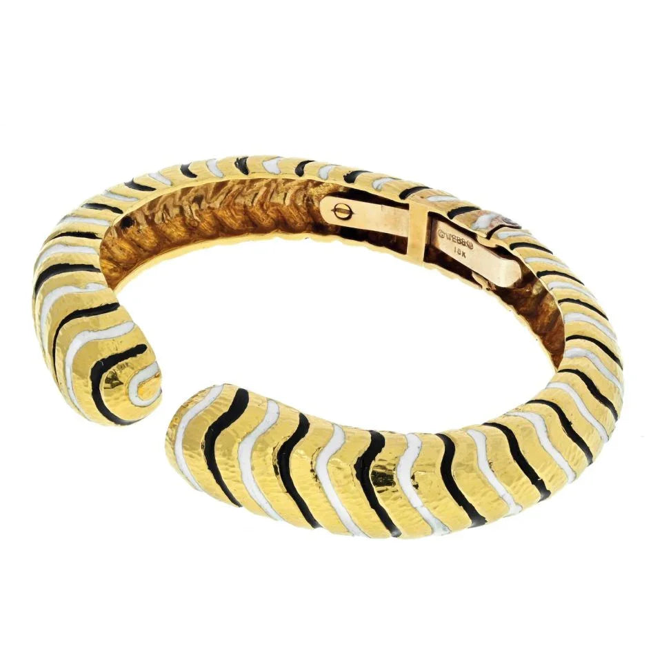 David Webb Platinum & 18K Yellow Gold Black And White Enamel Bangle Bracelet - The Back Vault
