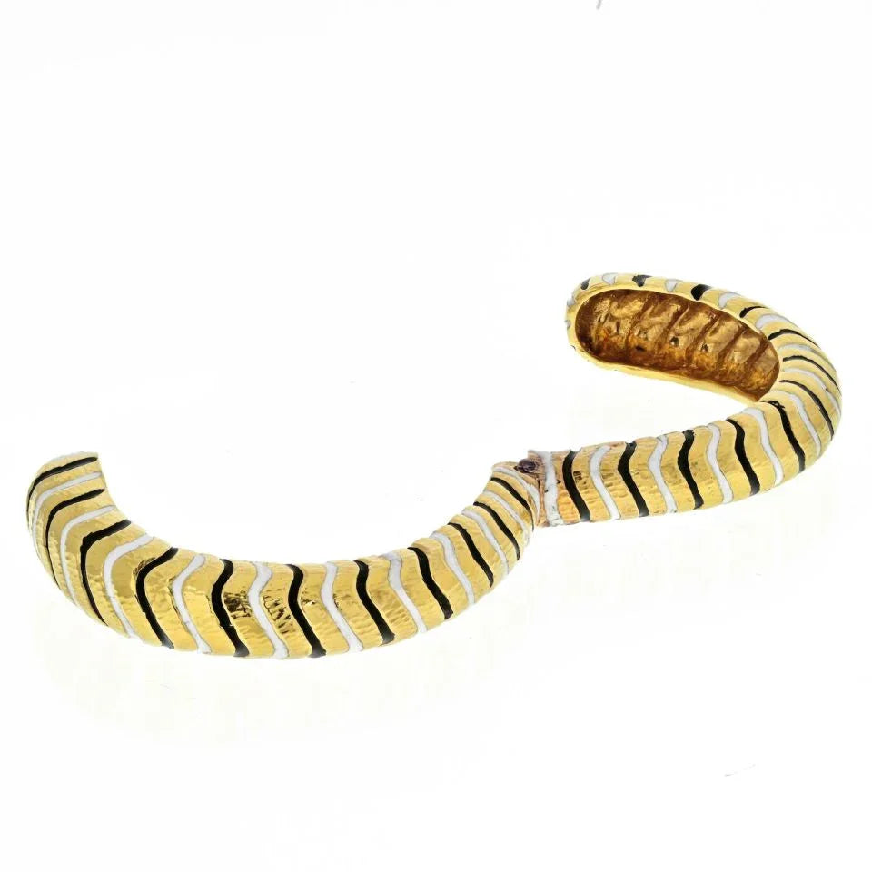 David Webb Platinum & 18K Yellow Gold Black And White Enamel Bangle Bracelet - The Back Vault