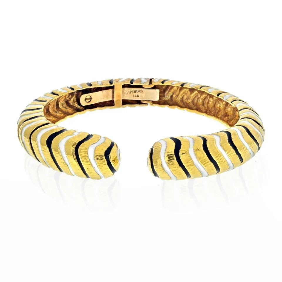 David Webb Platinum & 18K Yellow Gold Black And White Enamel Bangle Bracelet - The Back Vault