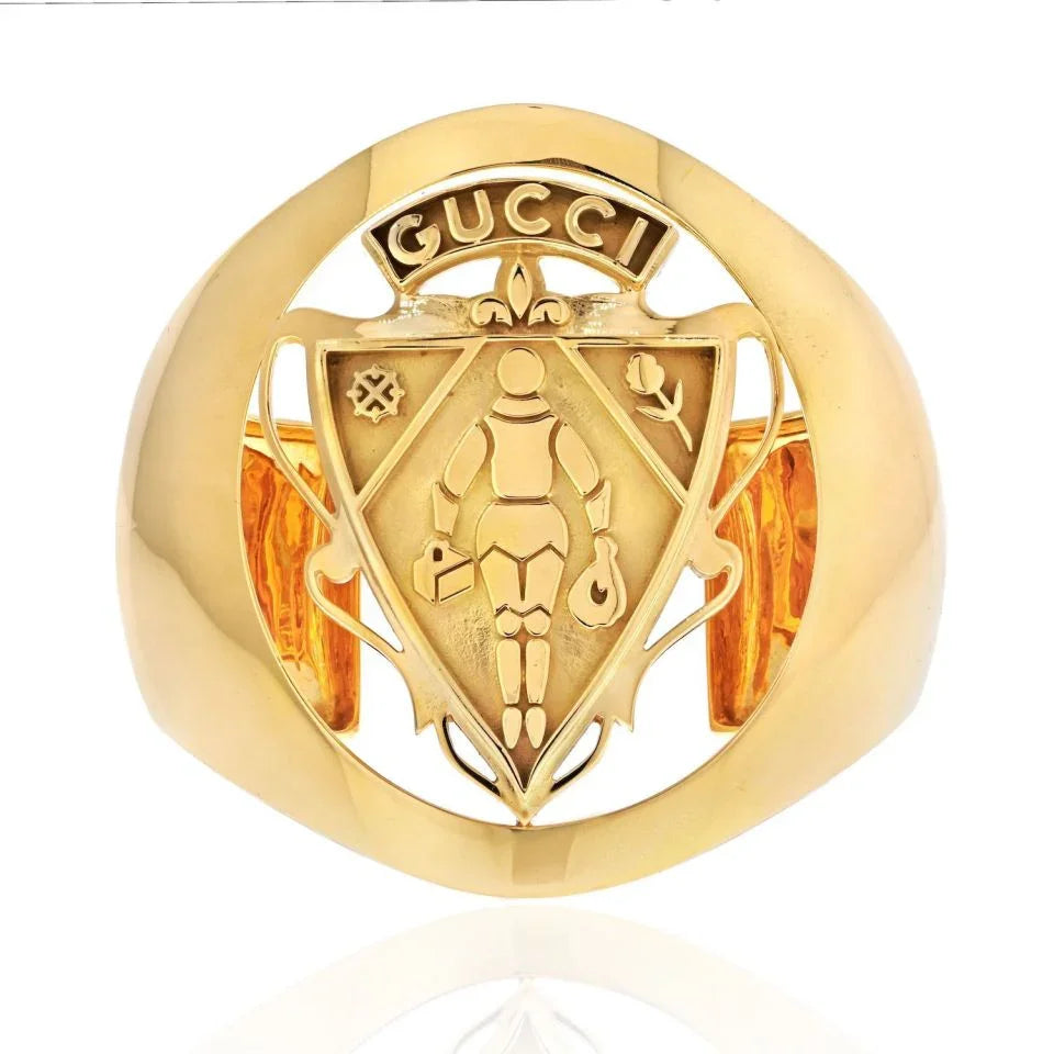 Gucci 18K Yellow Gold Coat Of Arms Crest Cuff Bracelet - The Back Vault