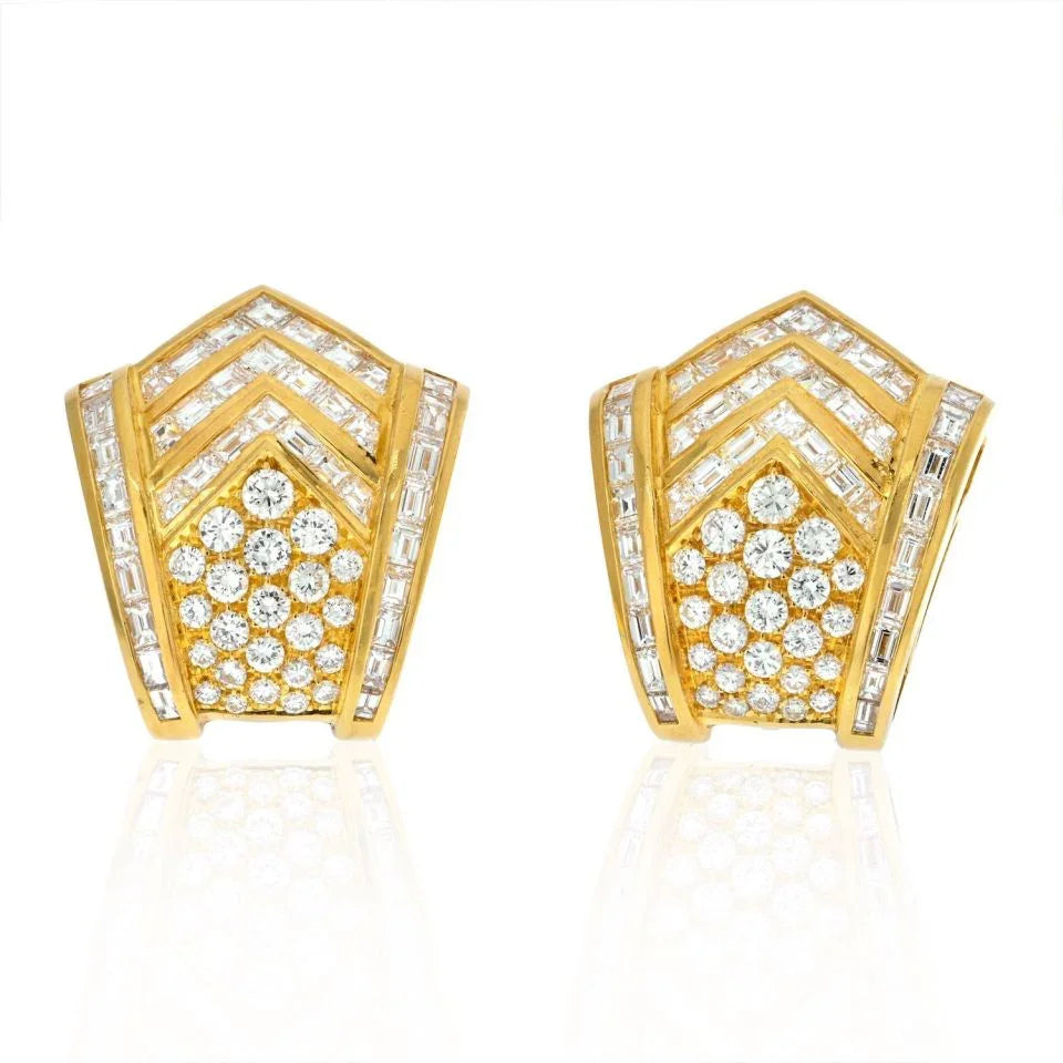 18K Yellow Gold Estate Cluster 14.00cts Baguette Round Diamond Earrings - The Back Vault